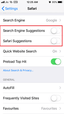 Turn off Safari Suggestions on iPhone