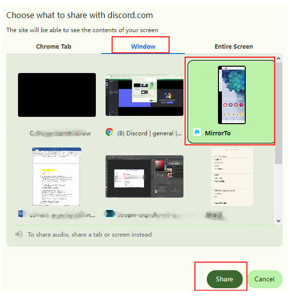 select windows mirrorto to share