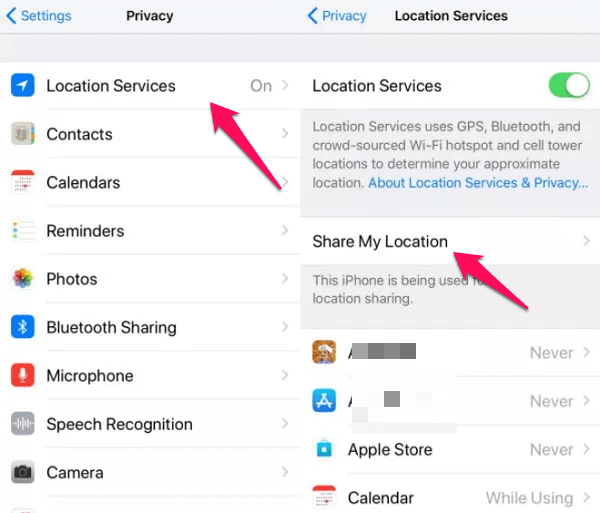 turn share my location off in iphone settings