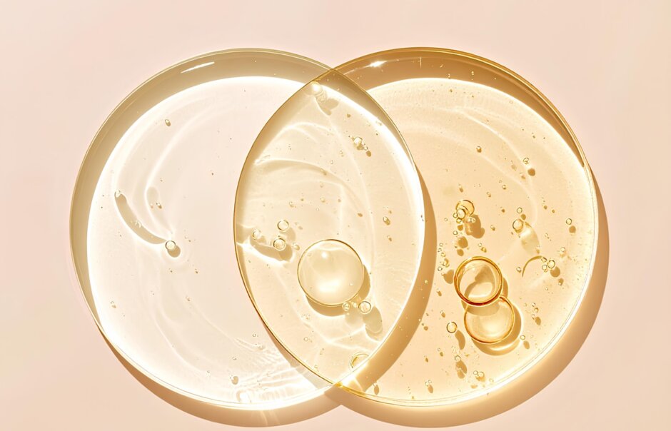 Two viscous liquids overlap on a neutral background.